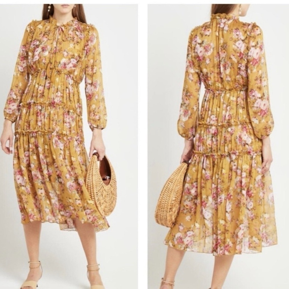 Anthropologie O.P.T. Boho Floral Midi Tiered Dress Ruffles Long Sleeves Sheer XS